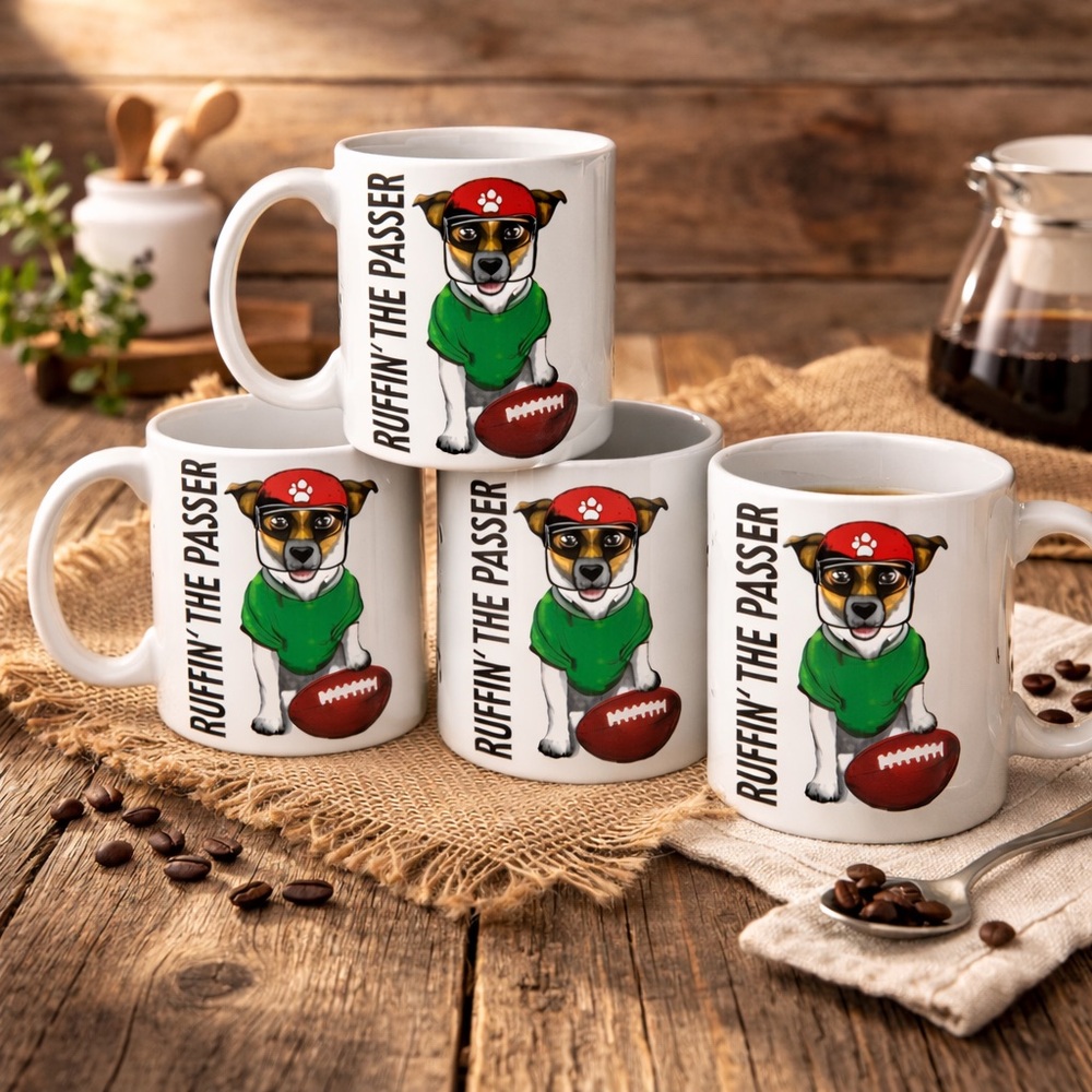 Bay Island Ruffin’ the Passer Football Dog Mugs Set of 4 NWOT